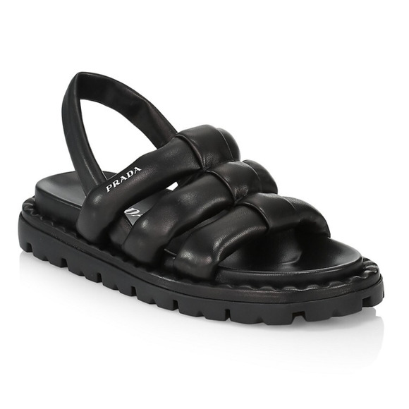 Prada Blow Black Padded Leather Logo Strappy Slingback Sport Sandal Flat 40 - Picture 3 of 12